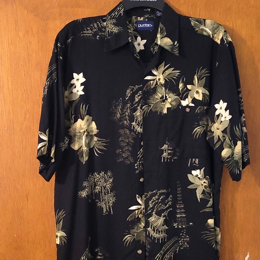 Puritan men's short sleeve shirt, black and green tropical print, Medium
